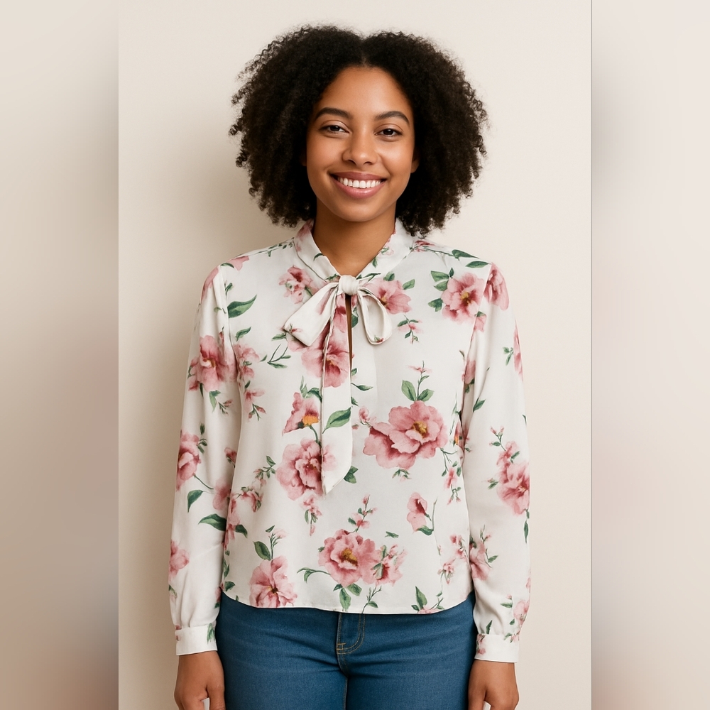 🔥Shein Womens sheer  Floral white & Pink Blouse Size M🔥